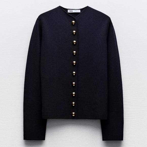 Zara Dark Academia Minimal Blue Knit Cardigan With Gold Buttons - Picture 2 of 9
